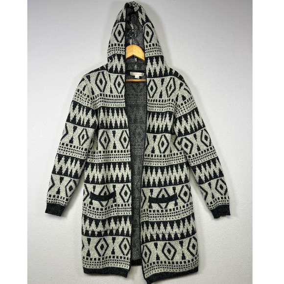 Monteau Los Angeles Sweaters - Boho Tribal Monteau Los Angeles Womens M Black‎ White Geometric Hooded Cardigan